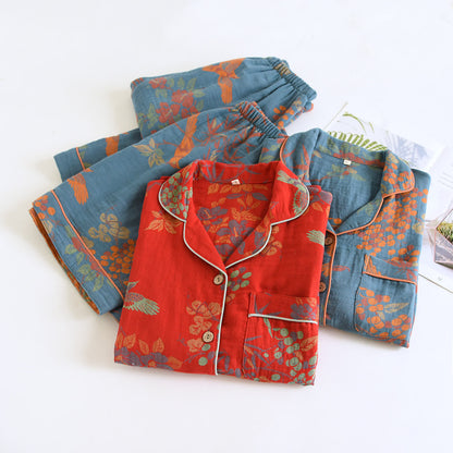 Vintage Loungewear-Set aus Baumwolle mit Vogel- und Blumenmuster - image 2