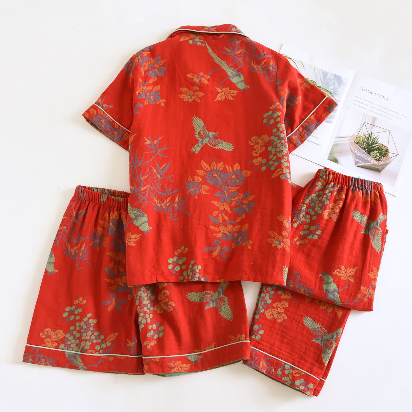 Vintage Loungewear-Set aus Baumwolle mit Vogel- und Blumenmuster - image 5