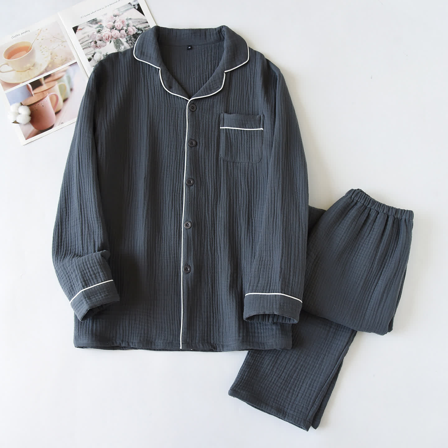 Loungewear-Set aus Baumwollgaze mit Kontrastbesatz - Dunkelgrau - XL - image 2