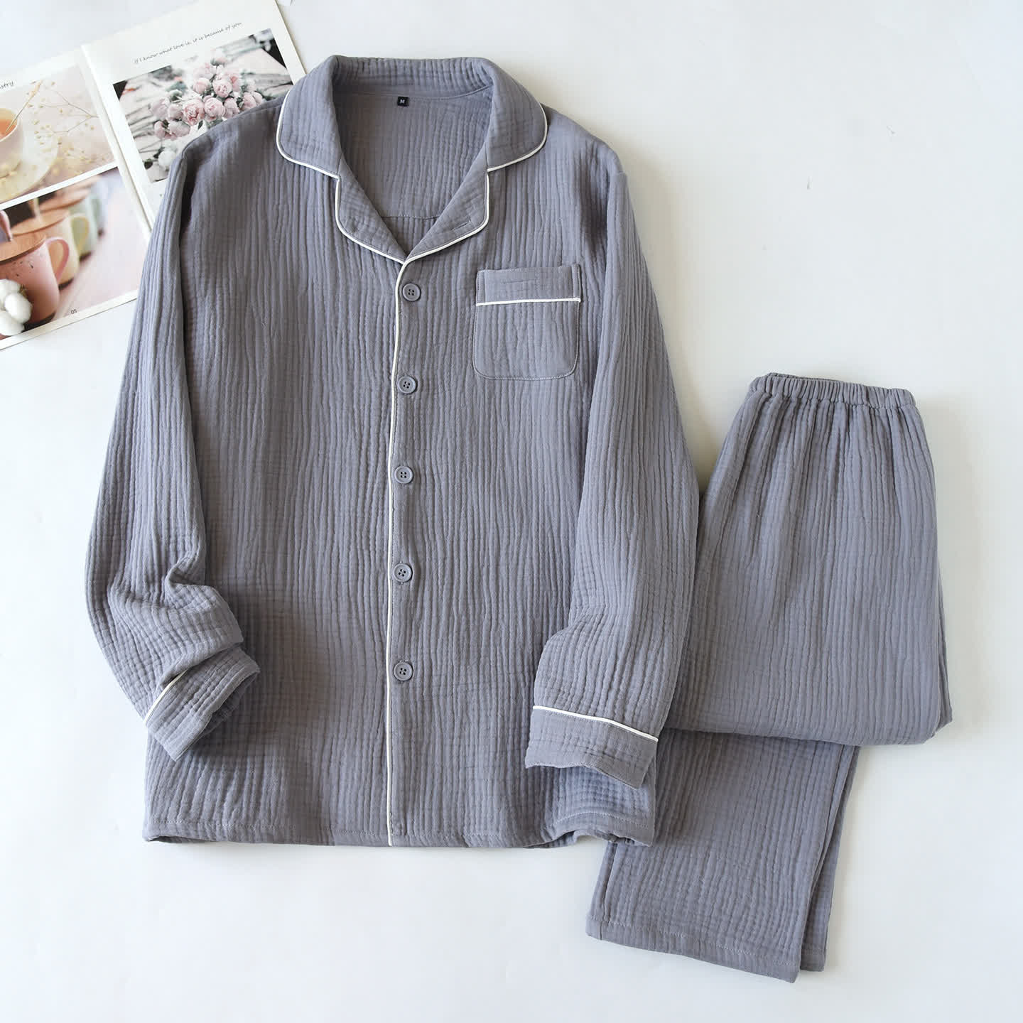 Loungewear-Set aus Baumwollgaze mit Kontrastbesatz - Grau - XL - image 1