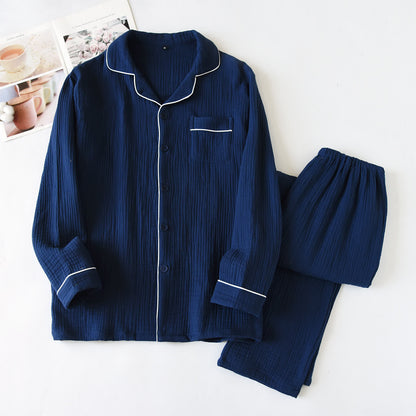 Loungewear-Set aus Baumwollgaze mit Kontrastbesatz - Marine - XL - image 0