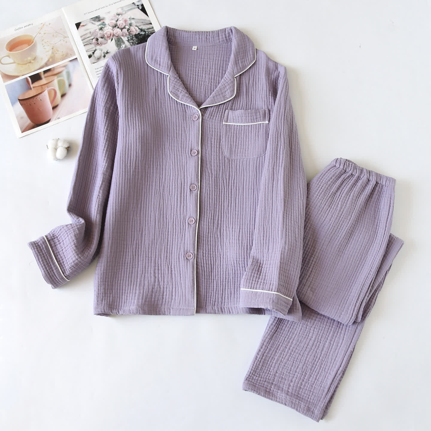 Loungewear-Set aus Baumwollgaze mit Kontrastbesatz - Lila - XL - image 3