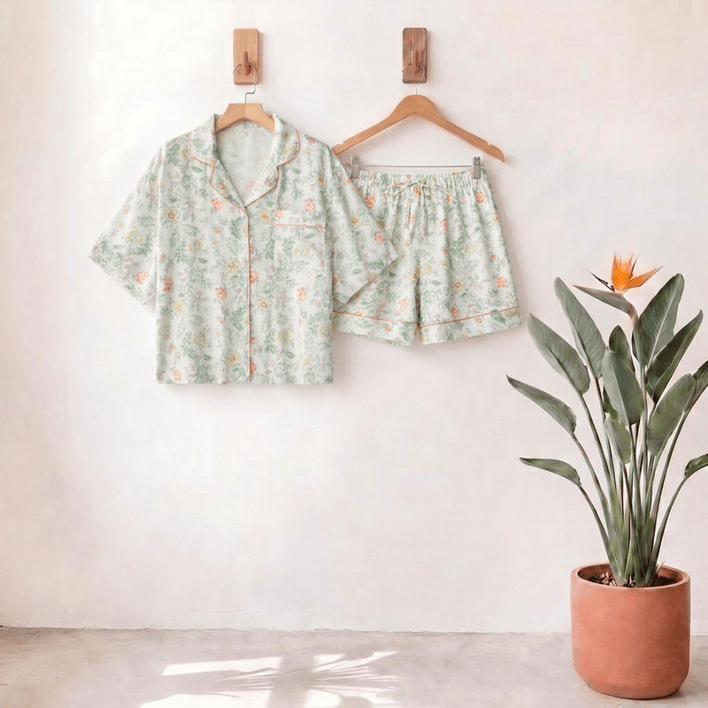 Französischer Satin-Kurzpyjama mit Blumenmuster für Sommernächte - Hellcyan - 4XL - image 0