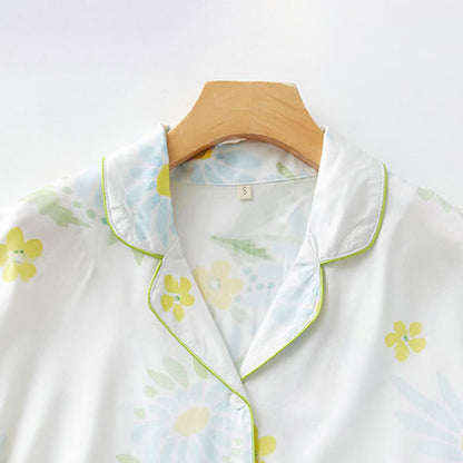 Pyjama-Shorts-Set mit Sonnenblumen-Minz-Kontrastbesatz - image 6