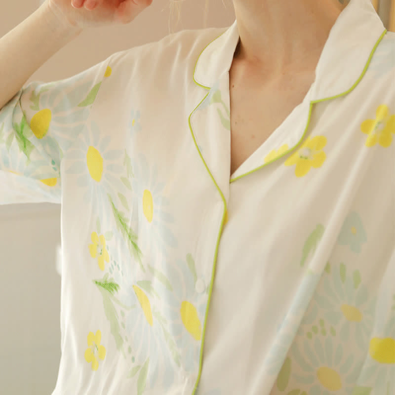 Pyjama-Shorts-Set mit Sonnenblumen-Minz-Kontrastbesatz - image 4