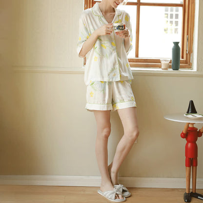 Pyjama-Shorts-Set mit Sonnenblumen-Minz-Kontrastbesatz - image 1