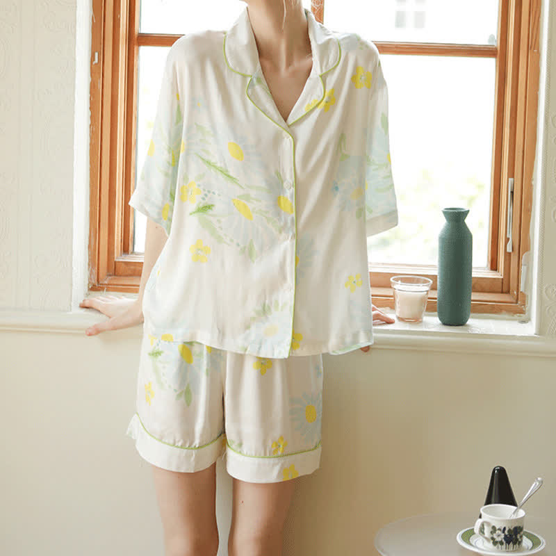 Pyjama-Shorts-Set mit Sonnenblumen-Minz-Kontrastbesatz - image 3