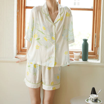 Pyjama-Shorts-Set mit Sonnenblumen-Minz-Kontrastbesatz - image 3