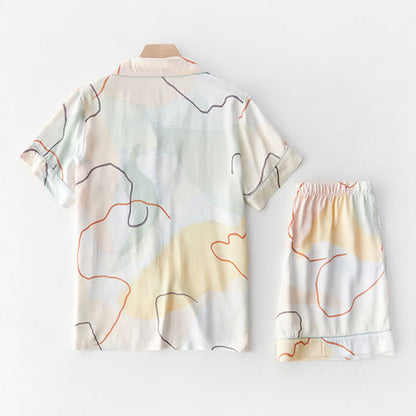 Loungewear-Set aus Satin mit abstraktem Print und kurzen Ärmeln - image 2