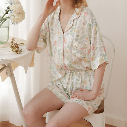 Französischer Satin-Kurzpyjama mit Blumenmuster für Sommernächte - image 5