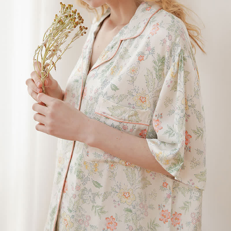 Französischer Satin-Kurzpyjama mit Blumenmuster für Sommernächte - image 9