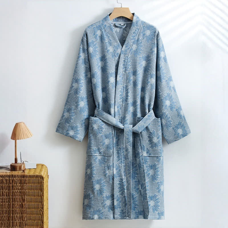 Kimono-Bademantel aus Baumwolle mit Sonnenblumenmuster und Waffelmuster - Dunkelblau - XL - image 2