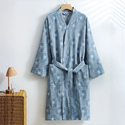 Kimono-Bademantel aus Baumwolle mit Sonnenblumenmuster und Waffelmuster - Dunkelblau - XL - image 2