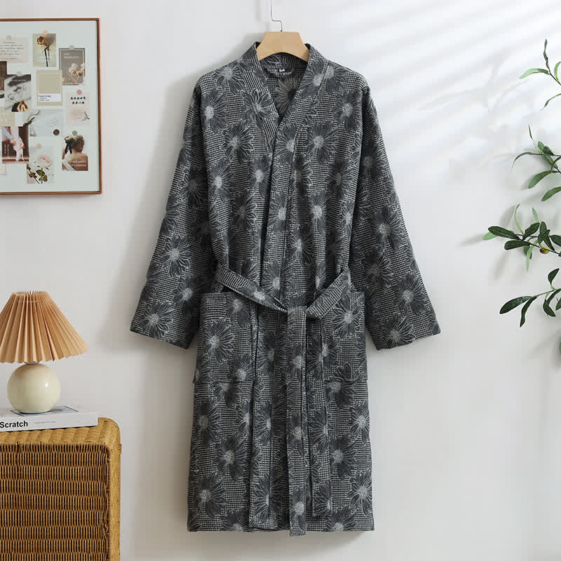 Kimono-Bademantel aus Baumwolle mit Sonnenblumenmuster und Waffelmuster - Dunkelgrau - XL - image 11