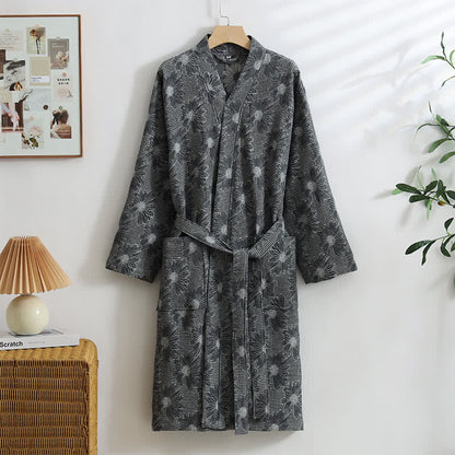 Kimono-Bademantel aus Baumwolle mit Sonnenblumenmuster und Waffelmuster - Dunkelgrau - XL - image 11