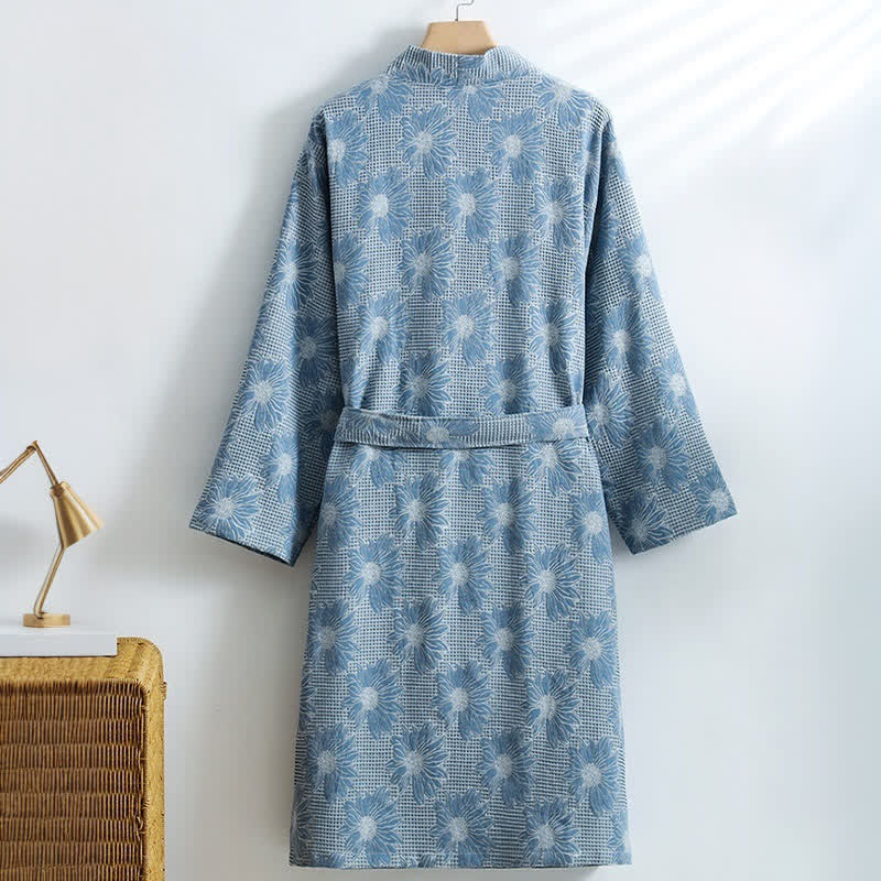 Kimono-Bademantel aus Baumwolle mit Sonnenblumenmuster und Waffelmuster - image 3