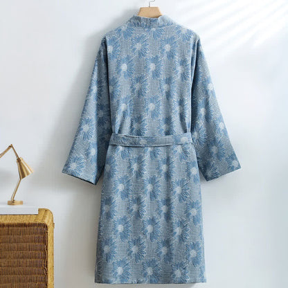 Kimono-Bademantel aus Baumwolle mit Sonnenblumenmuster und Waffelmuster - image 3
