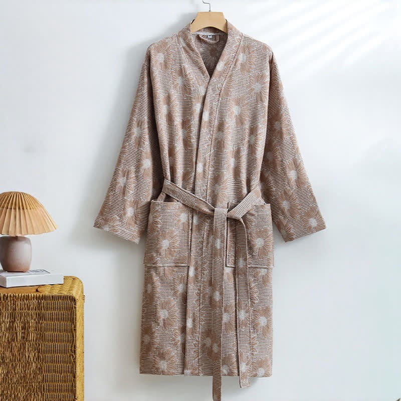 Kimono-Bademantel aus Baumwolle mit Sonnenblumenmuster und Waffelmuster - Khaki - XL - image 8