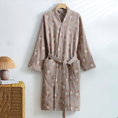 Kimono-Bademantel aus Baumwolle mit Sonnenblumenmuster und Waffelmuster - Khaki - XL - image 8