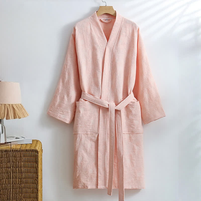 Kimono-Bademantel aus Baumwolle mit Sonnenblumenmuster und Waffelmuster - Rosa - XL - image 5