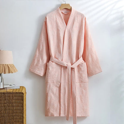Kimono-Bademantel aus Baumwolle mit Sonnenblumenmuster und Waffelmuster - Rosa - XL - image 5