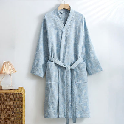 Kimono-Bademantel aus Baumwolle mit Sonnenblumenmuster und Waffelmuster - Hellblau - XL - image 13