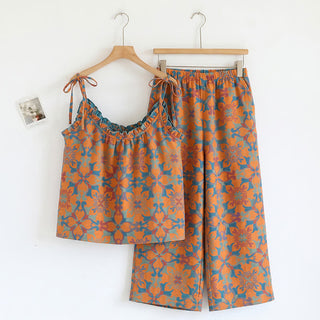 Boho-Pyjama-Set mit Blumenmuster und Bindeband - Orange & Blau - XL - image 0