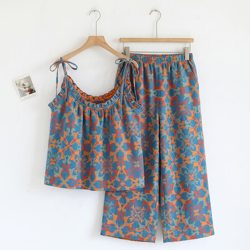 Boho-Pyjama-Set mit Blumenmuster und Bindeband - Blau & Orange - XL - image 4