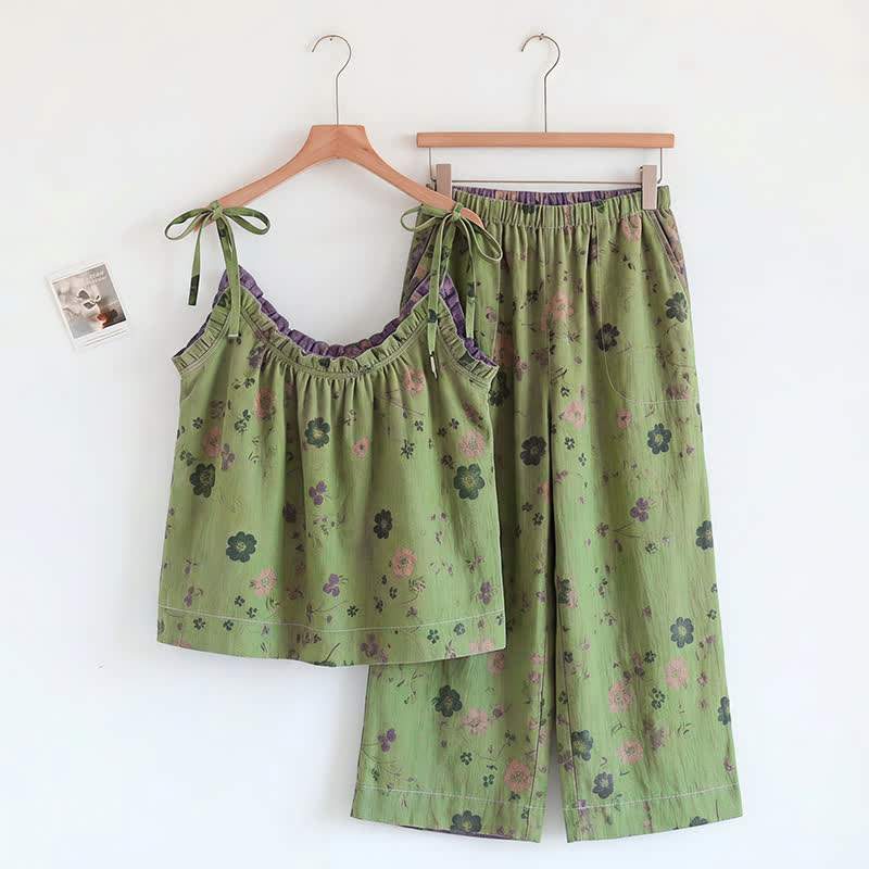 Vintage-Pyjama-Set mit Blumenmuster: Top und Hose - Grün & Lila - XL - image 4