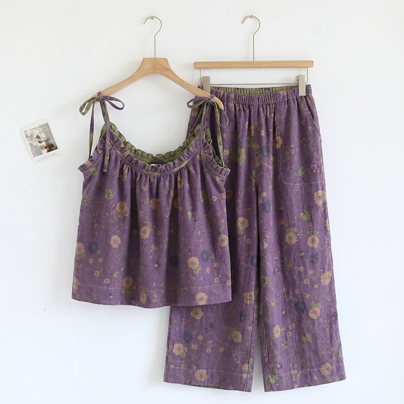 Vintage-Pyjama-Set mit Blumenmuster: Top und Hose - Lila & Grün - XL - image 3