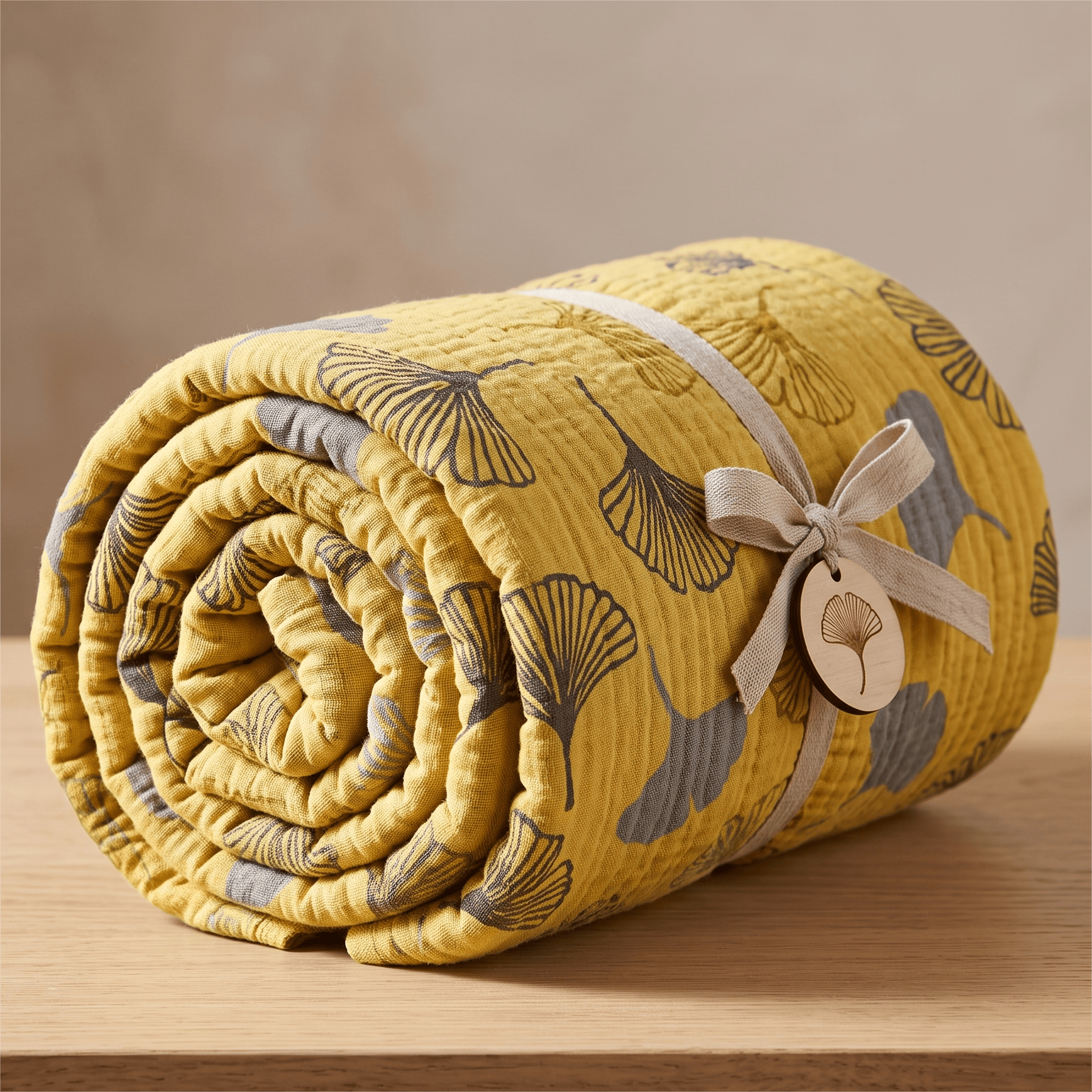 Gesteppte Baumwolldecke in Senfgelb mit Ginkgo-Motiv - Gelb - 91 Zoll Breite x 91 Zoll L - image 0