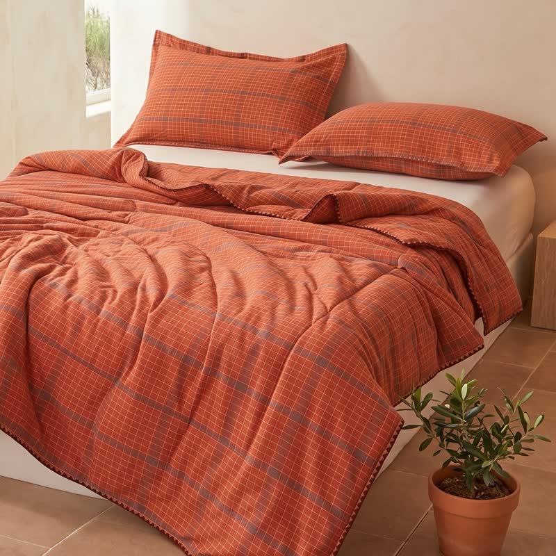 Sommerdecke aus garngefärbter, orange karierter Baumwolle - Orange - Quilts - König - image 0
