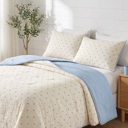 Leichte Sommerdecke aus Seersucker mit blauen Punkten - Blau - Quilts - Königin - image 0