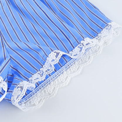 Loungewear-Set aus blau-weiß gestreiften Baumwoll-Cami-Shorts mit Spitze - image 5
