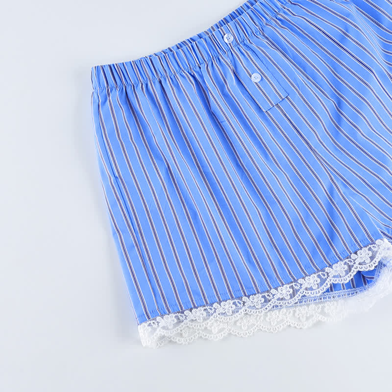 Loungewear-Set aus blau-weiß gestreiften Baumwoll-Cami-Shorts mit Spitze - image 4