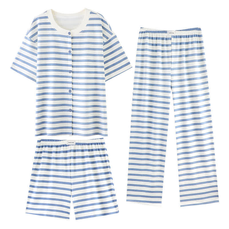 3-teiliges Loungewear-Set aus Baumwolle mit blauen Streifen - Blauer Streifen - XXL - Vollständige Schaltfläche - image 1