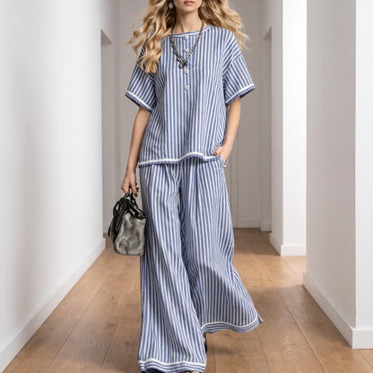 Zweiteiliges Loungewear-Set mit Küstenstreifen - Blau - XXL - image 0