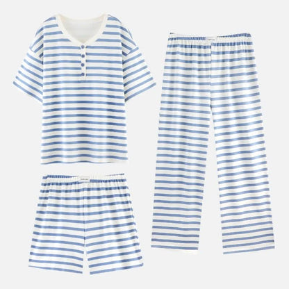 3-teiliges Loungewear-Set aus Baumwolle mit blauen Streifen - Blauer Streifen - XXL - Henley-Knopf - image 5