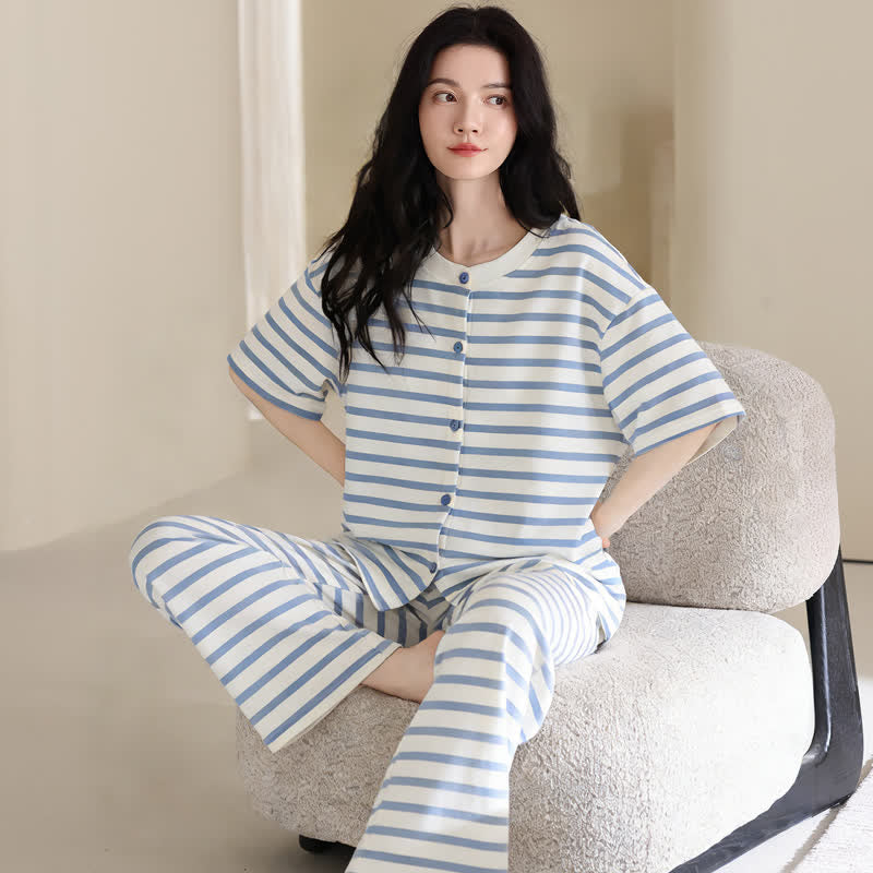 3-teiliges Loungewear-Set aus Baumwolle mit blauen Streifen - image 4