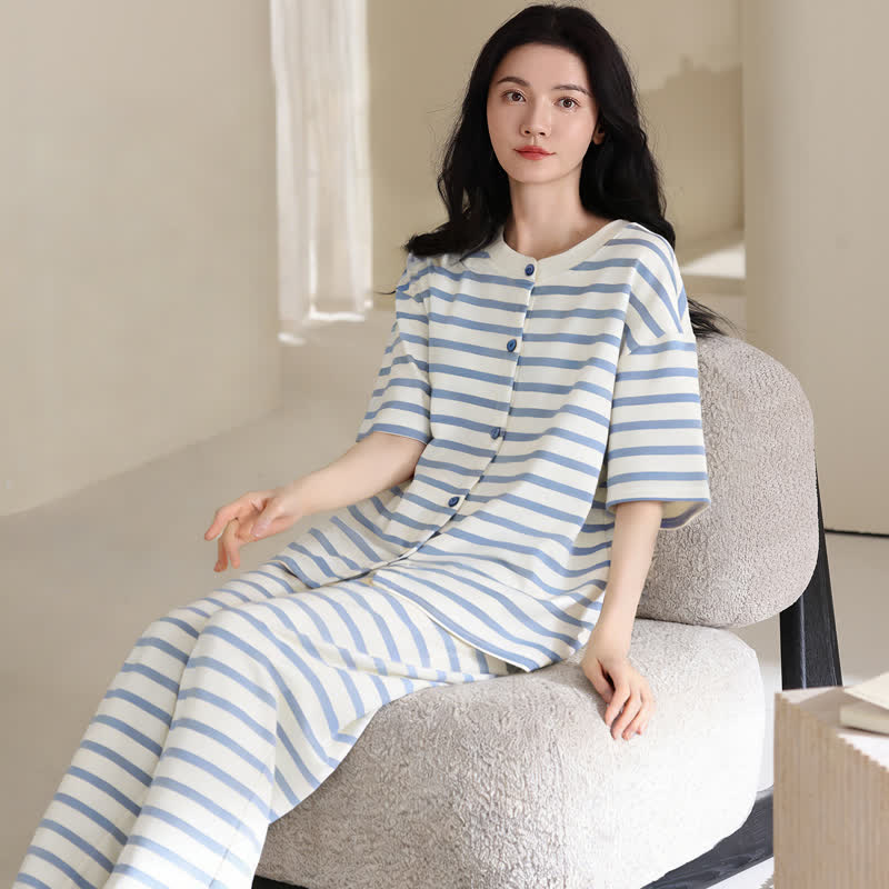 3-teiliges Loungewear-Set aus Baumwolle mit blauen Streifen - image 3