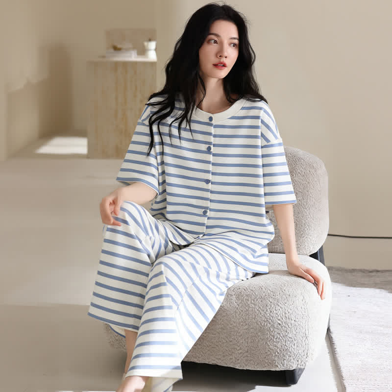 3-teiliges Loungewear-Set aus Baumwolle mit blauen Streifen - image 2
