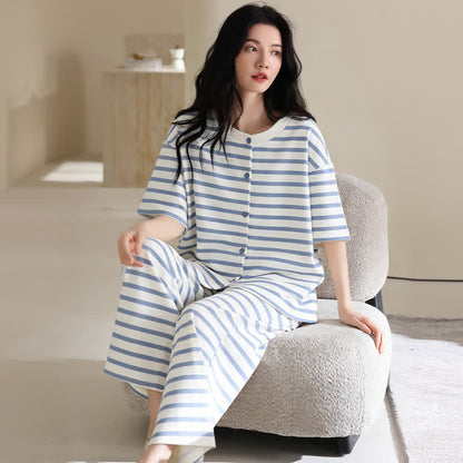3-teiliges Loungewear-Set aus Baumwolle mit blauen Streifen - image 2
