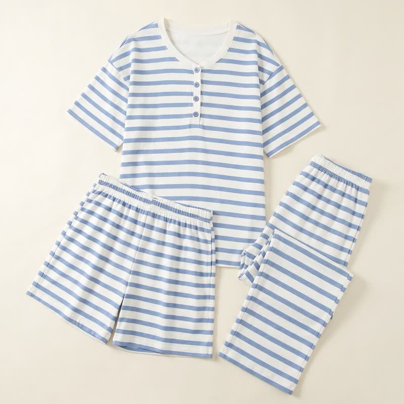3-teiliges Loungewear-Set aus Baumwolle mit blauen Streifen - image 0