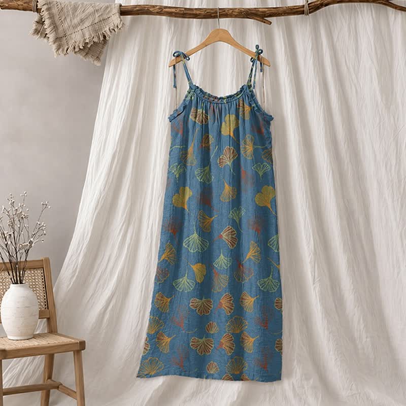 Ginkgo Leaf Tie Strap Lounge Midi Dress - Blau & Orange - XL - image 0