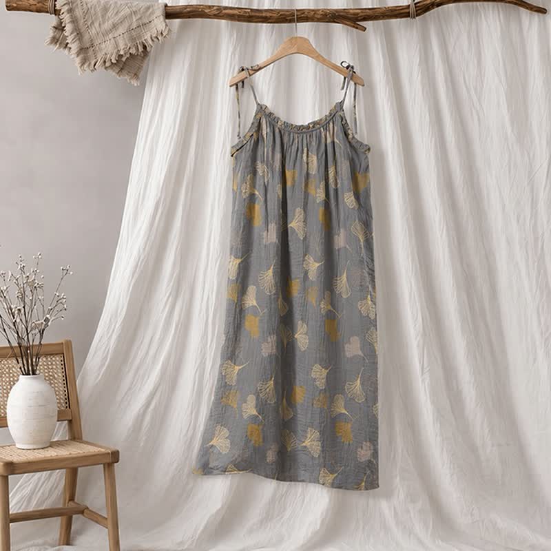 Ginkgo Leaf Tie Strap Lounge Midi Dress - Dunkelgrau & Gelb - XL - image 15