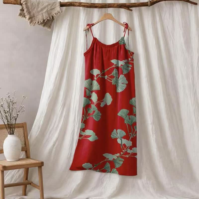 Maxikleid mit Ginkgoblatt-Schnittmuster - Rot & Grün - XL - image 0