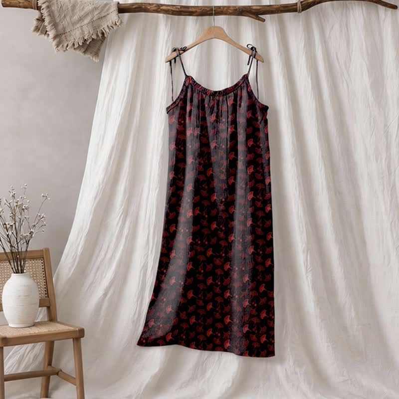 Loungekleid mit Ginkgo-Blumenmuster und Bindebändern - Schwarz & Rot - XL - image 30