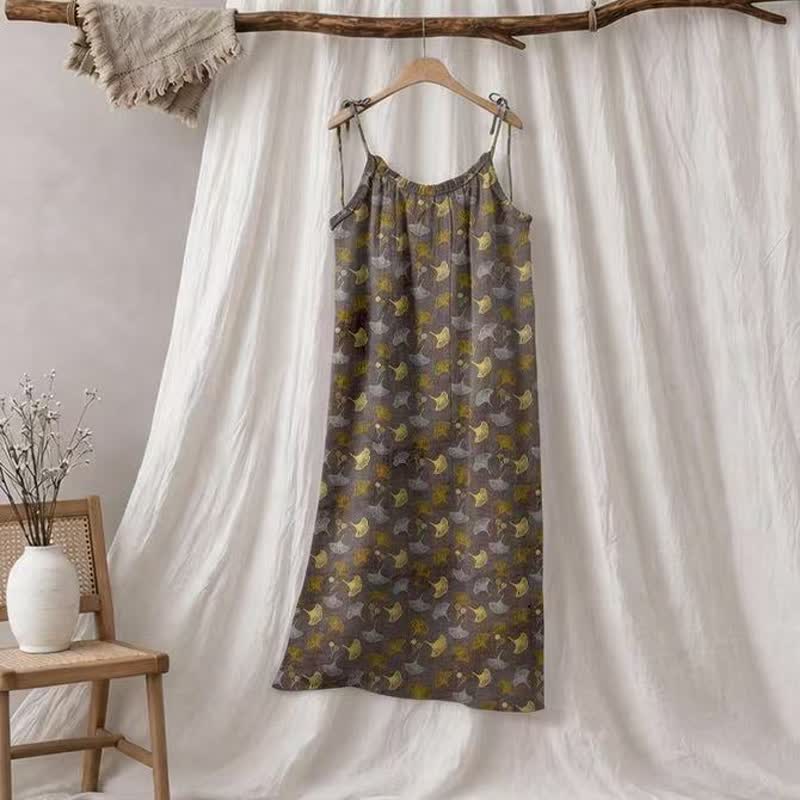 Loungekleid mit Ginkgo-Blumenmuster und Bindebändern - Braun & Gelb - XL - image 5