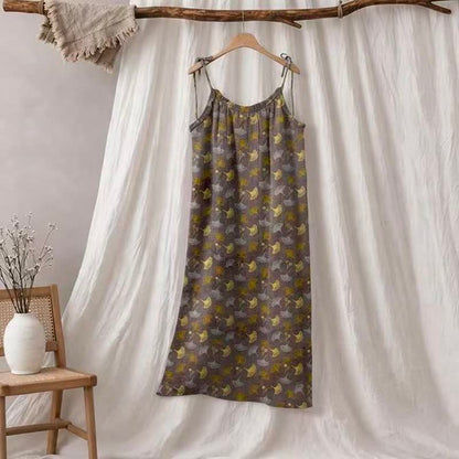 Loungekleid mit Ginkgo-Blumenmuster und Bindebändern - Braun & Gelb - XL - image 5