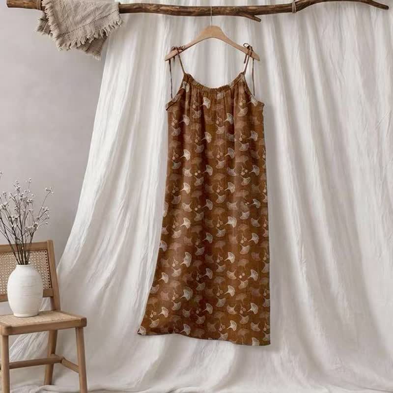 Loungekleid mit Ginkgo-Blumenmuster und Bindebändern - Kaffee & Beige - XL - image 25